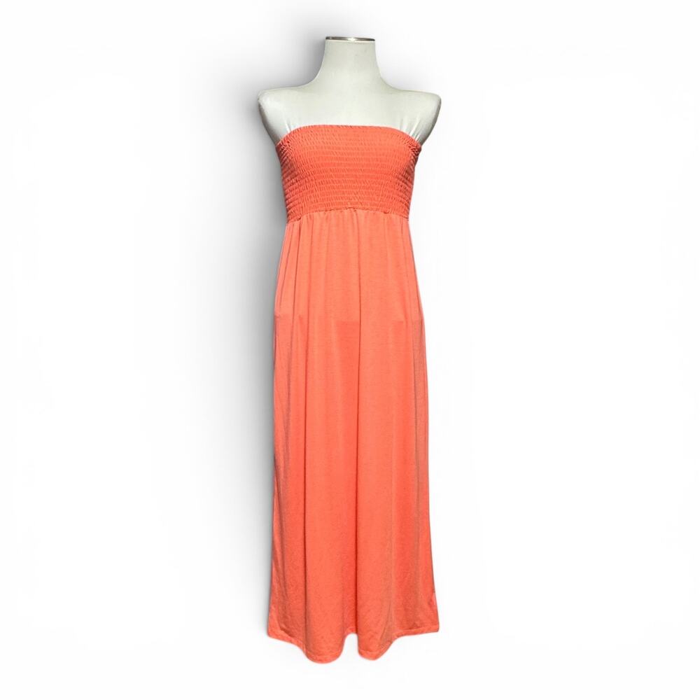 Papaya Strapless Shirred Stretch Maxi Dress Coral Pink Medium
